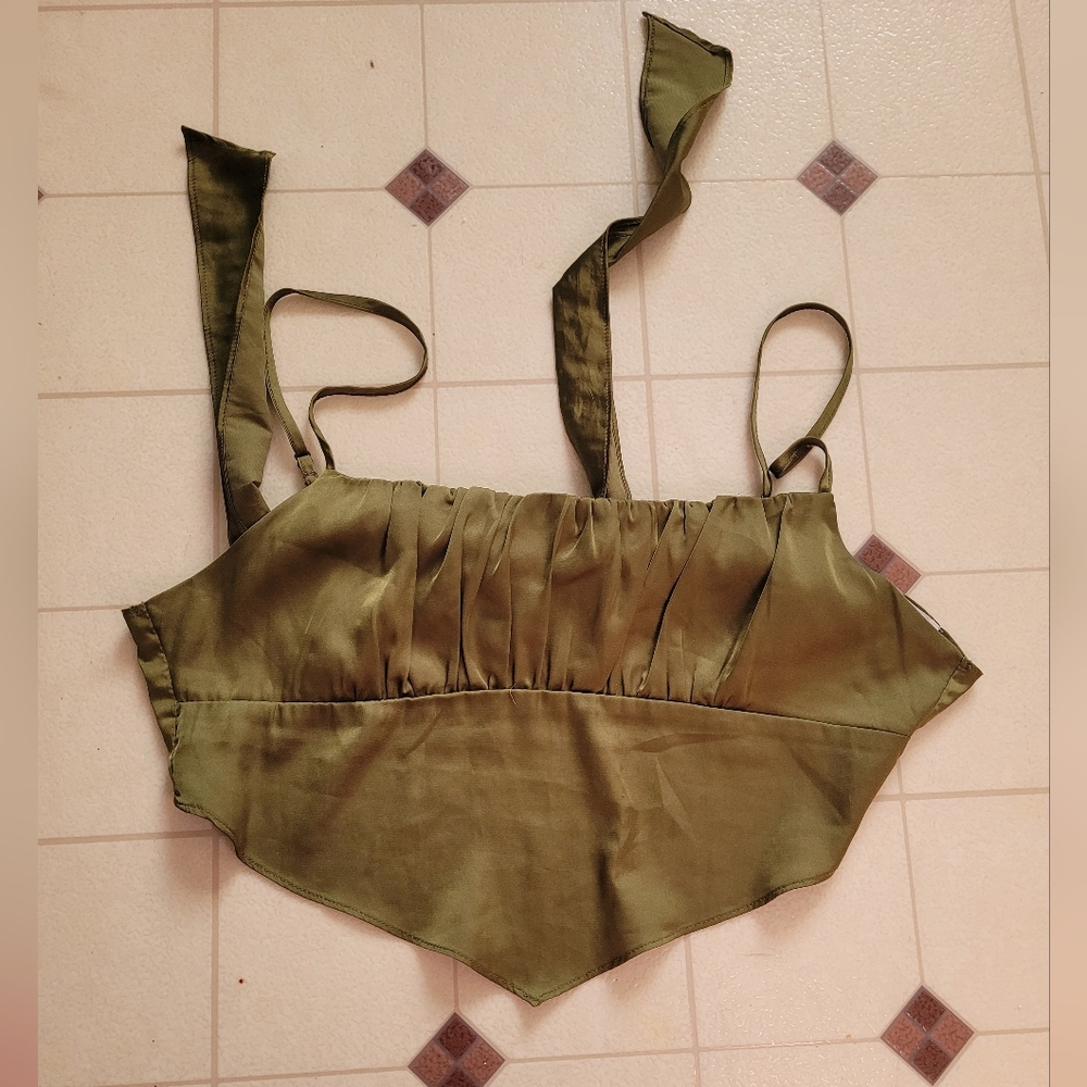 Garage Ruched Bandana Top Satin Tie Back Corset Army Green Size Small NWOT
